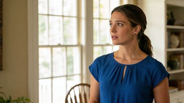 Contemplative woman in blue blouse standing by sunlit paned window at home