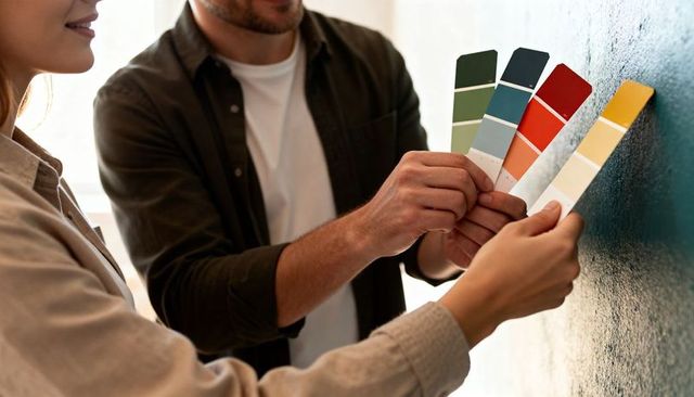 Couple comparing paint swatches on teal textured wall for home renovation and design