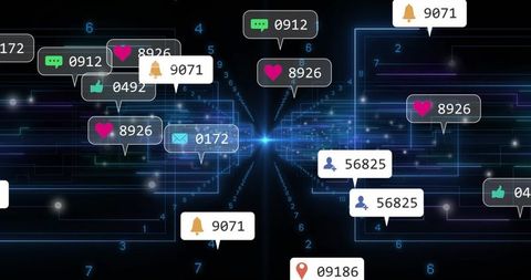 Streaming Social Notifications Converging on Digital Hub Neon Circuitry Data Visualization