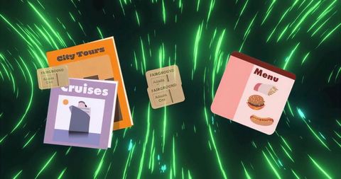 Floating travel brochures and fairground tickets with menu card on futuristic neon interface