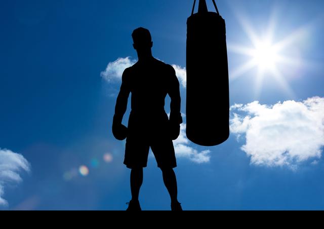 Digital composition of silhouette of boxer with punching bag against sky background