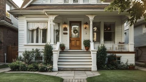 Charming front porch with wreathed door and wooden steps