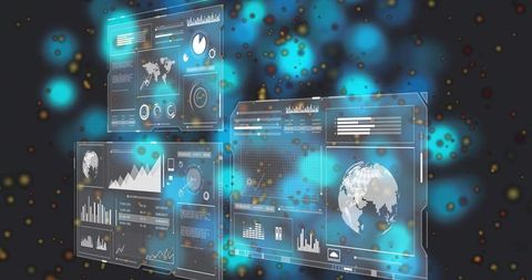 Floating holographic data dashboards displaying global analytics in neon virtual workspace