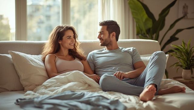 Happy Couple Relaxing Together in Cozy Bedroom Setting