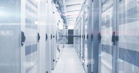 Running high-density data center aisle with server racks, cabling and digital overlays