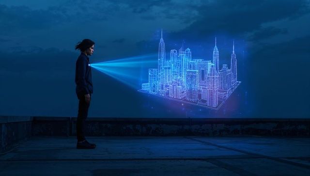 Man projecting hologram city from chest on rooftop at night futuristic urban concept