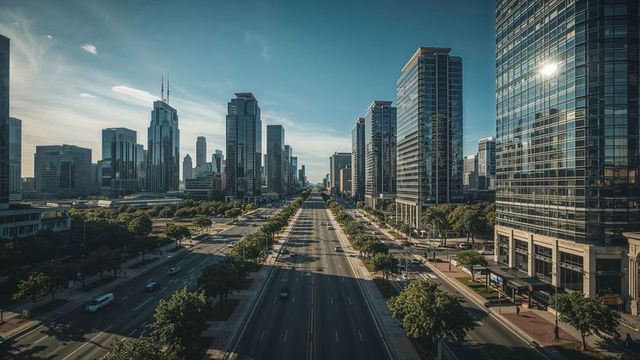 Modern cityscape featuring glass towers and wide boulevard with sparse traffic