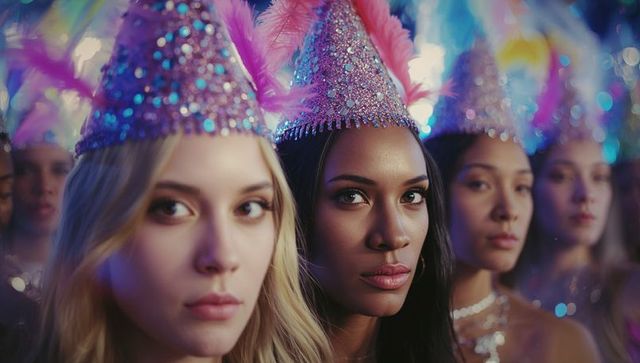 Women with Feathered Hats at Festive Celebration