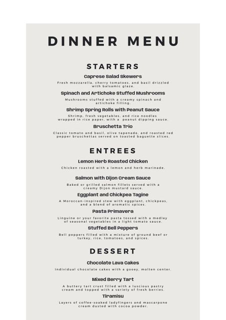Elegant dinner menu template featuring carefully arranged starters, entrees, and desserts list against a beige background. Ideal for upscale restaurants, special events, catering services, or menu design inspiration for exclusive dining experiences.