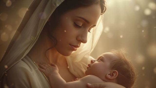 Mother Gently Cradling Infant in Ethereal Light