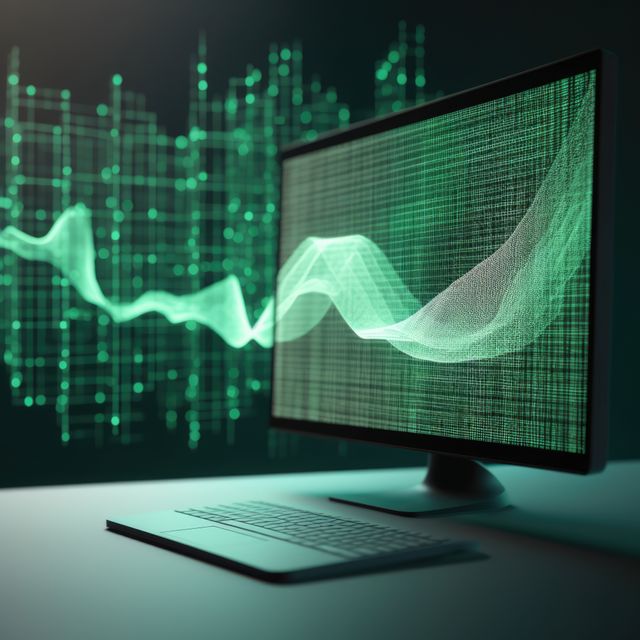 Image of a futuristic computer monitor displaying complex digital data wave graphics in green. Ideal for use in technology presentations, data analysis reports, and innovation-themed marketing materials. Perfect for illustrating concepts related to modern technology, IT solutions, and digital analytics.