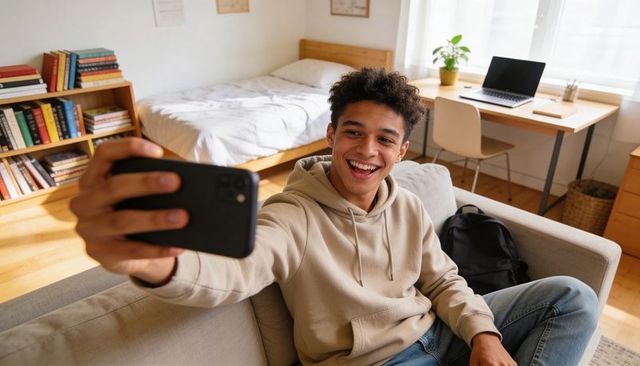 Smiling young man taking selfie on couch in bright dorm room with laptop and books