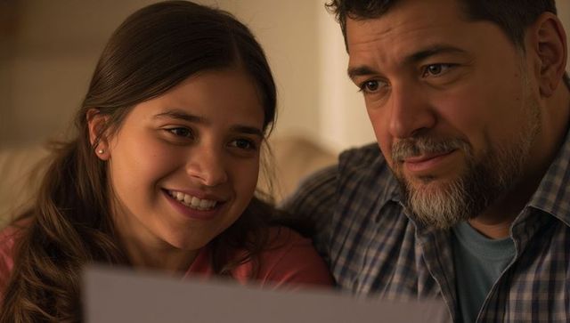 Father and daughter reading together on couch sharing warm intimate evening joyful bond