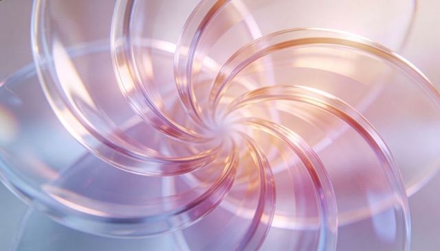 Iridescent glass spiral vortex with pastel bokeh glow, macro abstract radial design