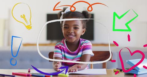 Joyful School Girl Surrounded by Creative Education Icons