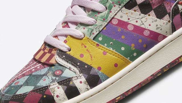 Colorful harlequin low-top sneaker showcasing mixed patterns and pink laces