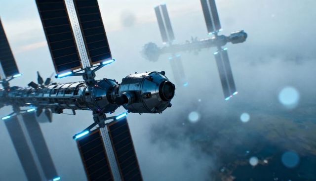 Futuristic orbital station module drifting above clouds with solar arrays and docking port