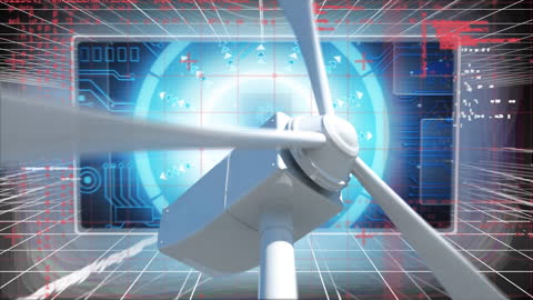 Wind Turbine Animated with Digital Data Interface