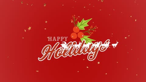 Festive Happy Holidays Text with Holly on Red Background