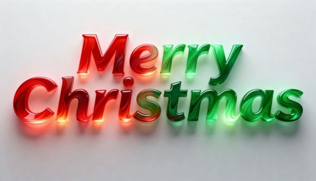 Glossy 3d merry christmas lettering glowing red and green on clean white background