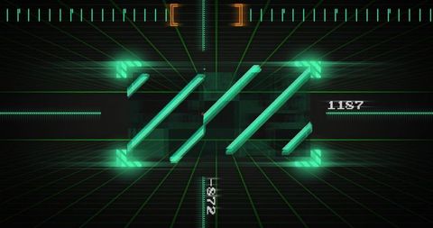 Neon teal hud interface featuring diagonal glowing bars, grid reticle and numeric readouts
