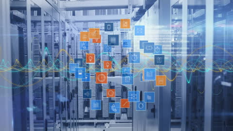 Digital Data Network in Server Room with Overlay of Global Icons