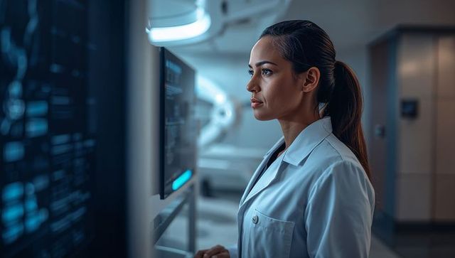 Radiologist examining touchscreen medical imaging display in high-tech hospital radiology