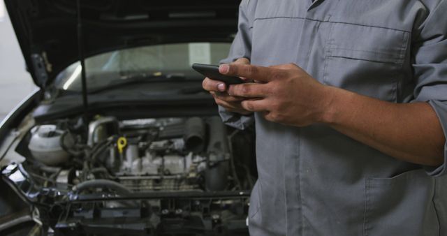 Mechanic Checking Phone Near Car Engine in Garage - Download Free Stock Images Pikwizard.com