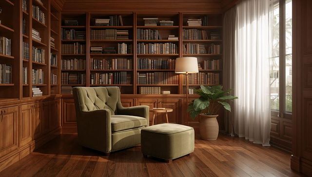 Olive Green Armchair and Ottoman in Warm Wood Library Reading Nook with Floor Lamp