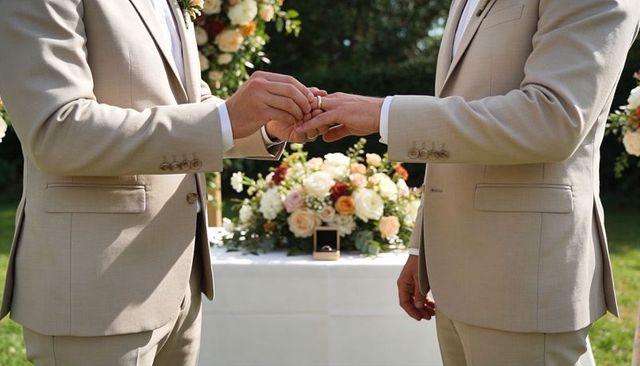 Two grooms exchanging rings in garden wedding ceremony wearing beige suits and floral arch
