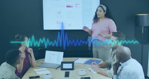 Diverse Team Meeting with Graphs and Technology Animation