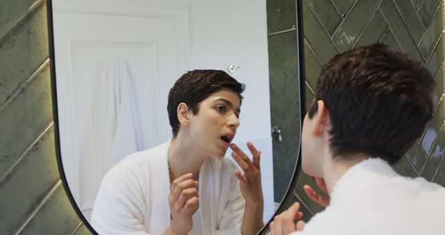 Woman Checking Skin in Mirror, Morning Beauty Routine - Download Free Stock Images Pikwizard.com