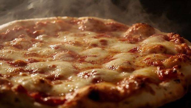Steaming bubbling cheese pizza with charred crust close-up for menu social media packaging