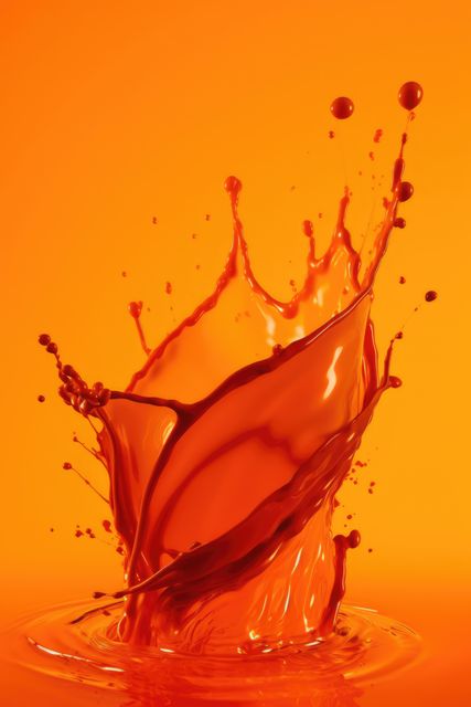 Intense orange liquid splash with dynamic motion against a colorful background. Great for use in advertising, beverage promotions, energy drink marketing, design inspiration, or as eye-catching visual art.