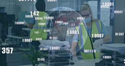 Office Safety During Pandemic with Digital Overlay of Globe and Numbers