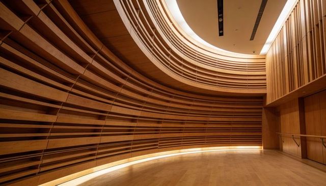 Curved wooden slat wall minimalist rehearsal space with skylight and cove lighting