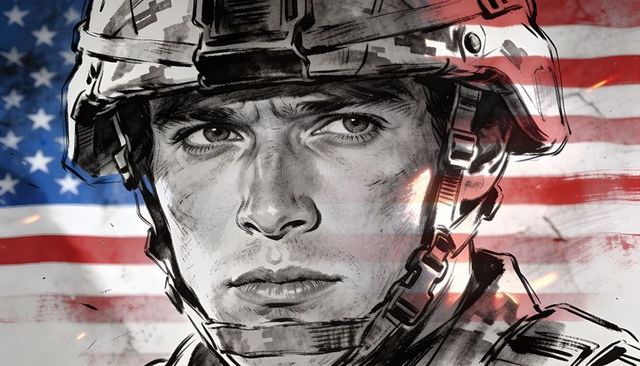 Helmeted soldier staring ahead with gritty american flag backdrop