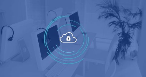 Cloud Security Symbol with Computer Office Background