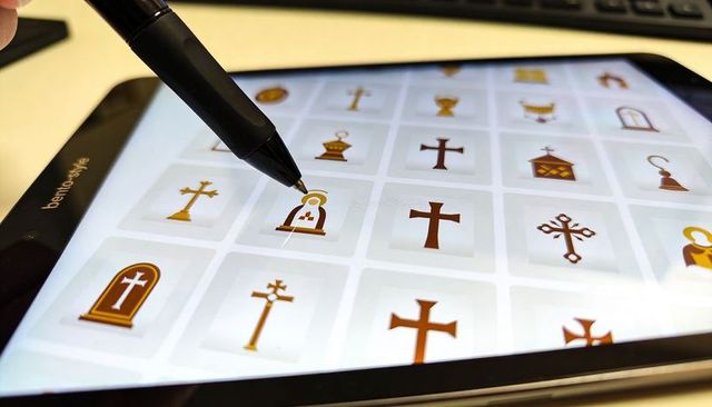 Selecting religious icons on tablet with stylus for church ui and digital worship design