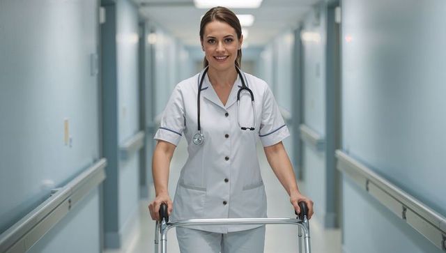 Nurse Assisting with Walker in Hospital Corridor