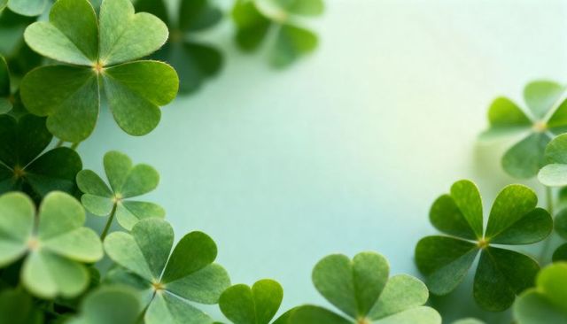 Framing shamrock ring of green clover leaves on pale gradient background for spring