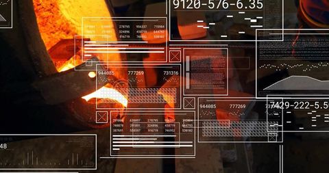 Worker pouring molten metal with digital interfaces highlight industrial innovations