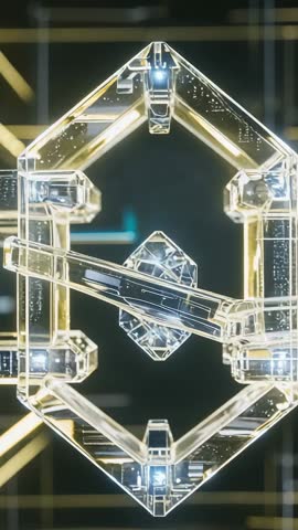 Hexagonal Crystal Structure Floating in Futuristic Digital Grid with Light Beams