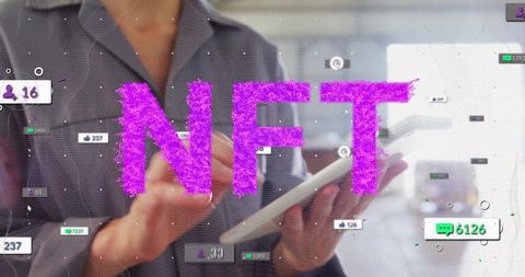 Holding Tablet and Tapping Screen with NFT Overlay, Social Metrics and Futuristic UI