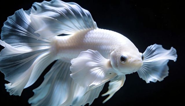 Gliding white betta displaying flowing translucent fins and pearlescent iridescent scales