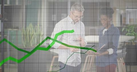 Diverse Team Analyzing Green Financial Charts on Transparent Overlay Using Tablet Together