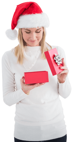 Woman with Santa Hat Opening Christmas Gift Transparent Experience
