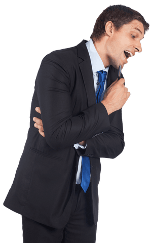 Caucasian Businessman Pondering with Pen on Transparent Background