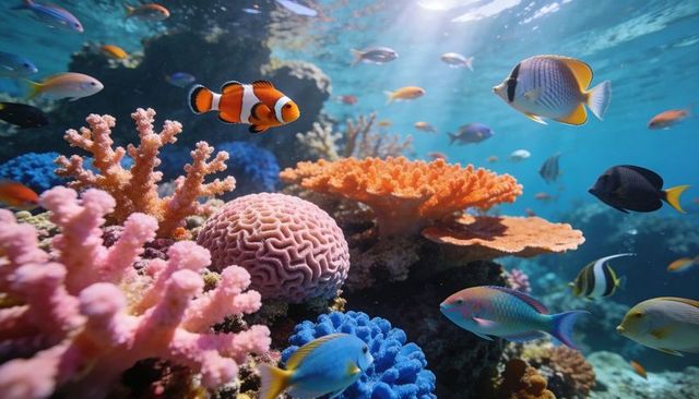 Clownfish and vibrant coral reef with sunbeams, tropical underwater biodiversity