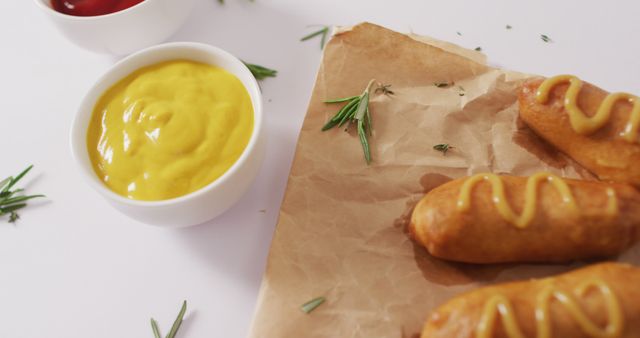 Corn dogs drizzled with mustard, placed on parchment paper with mustard and ketchup dips. Ideal for use in food blogs, menus, recipe books, social media posts, or food advertising showcasing delicious snacks.